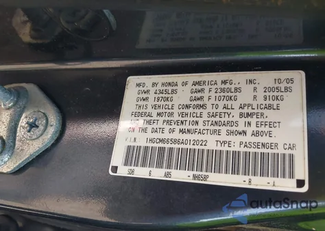 2006 Honda Accord 3.0 Ex from USA, damaged, VIN 1HGCM66586A012022